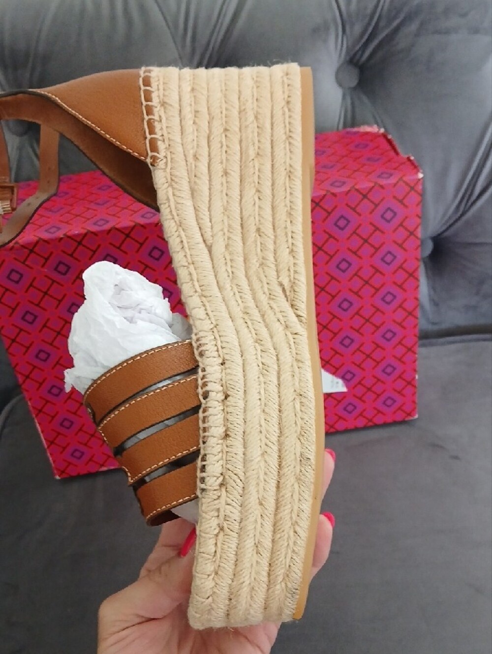 Tory Burch Tan Leather Espadrille Platform Wedge Sandals - Picture 7 of 12